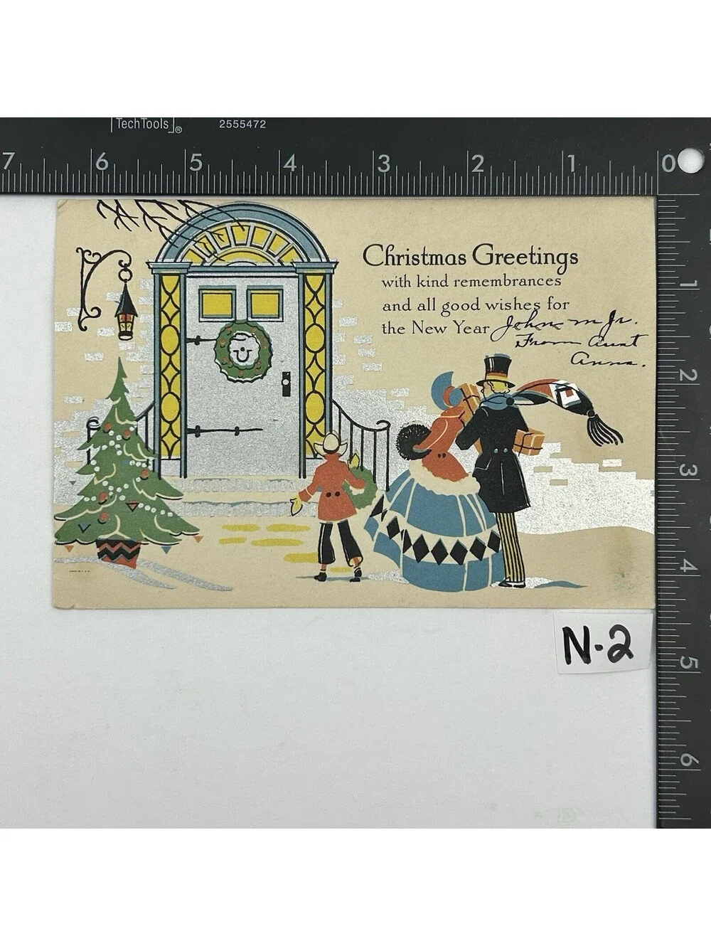 Vintage Christmas Card Postcard Silver Foil Embossed Victorian Era Aunt Anna N-2